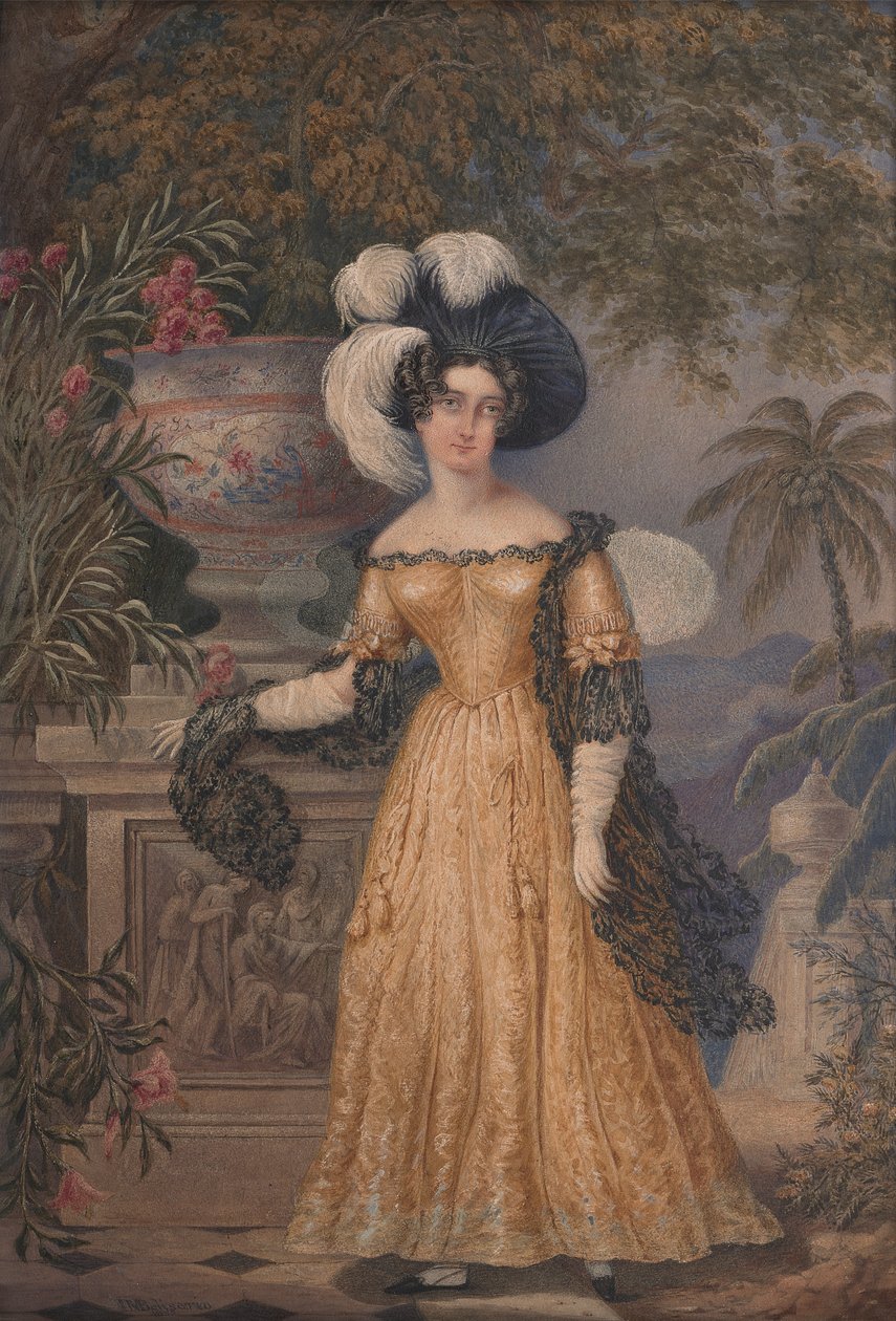 Lady Rowe, står liten i full lengde på en terrasse, et månebelyst jamaicansk landskap bortenfor av Isaac Mendes Belisario