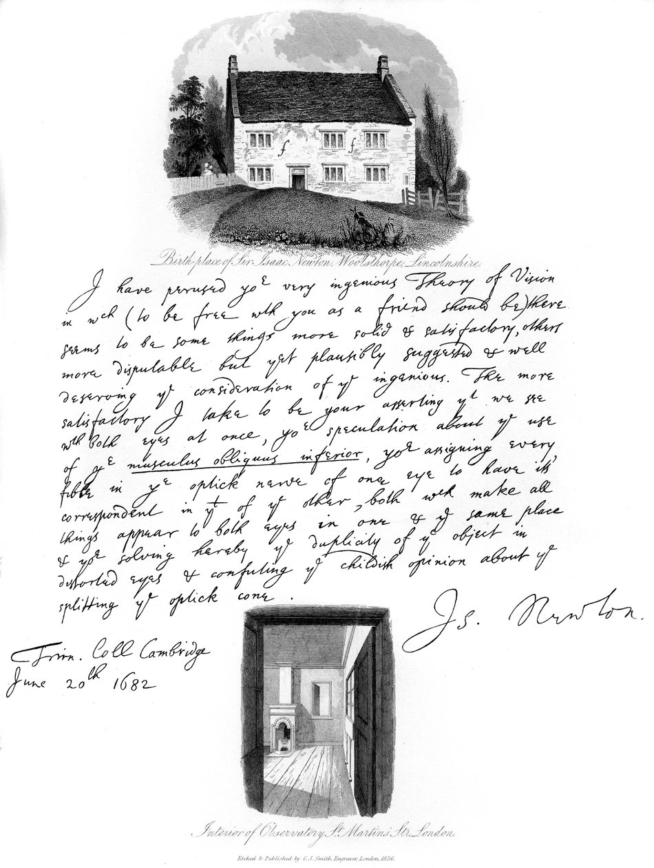 Et brev fra Isaac Newton, og en utsikt over fødestedet hans i Woolsthorpe, Lincolnshire, 1682, 1840. av Isaac Newton