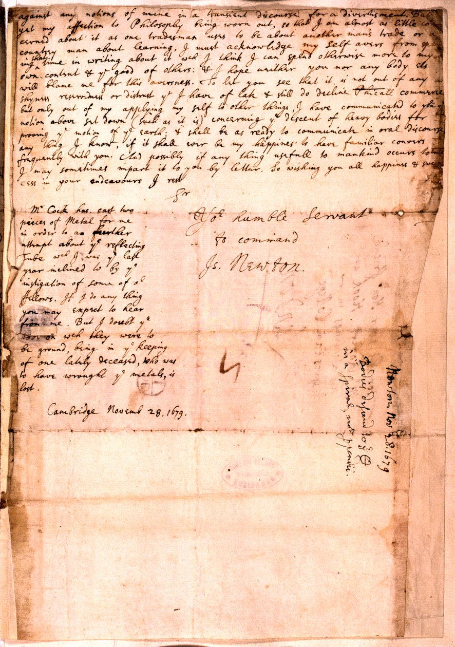 Brev skrevet av Isaac Newton, 28. november 1679 av Isaac Newton