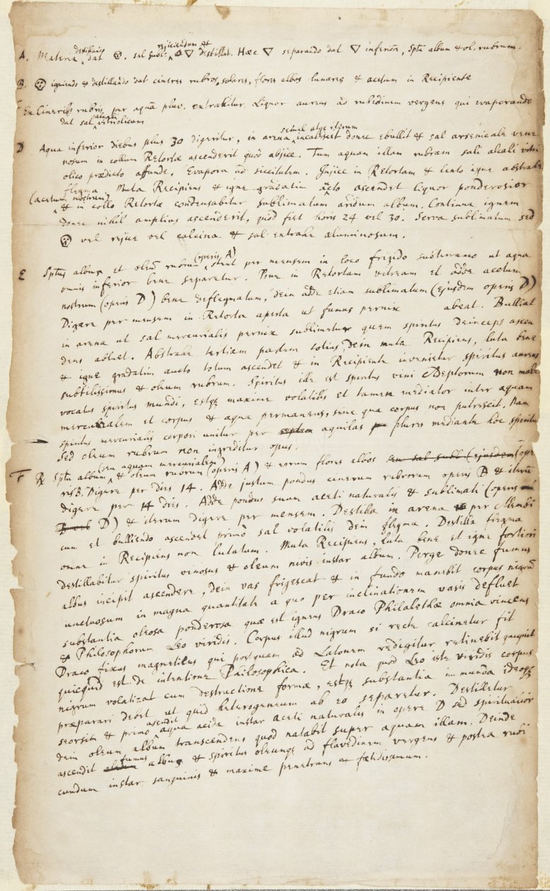 Registrering av et eksperiment i seks stadier som begynner med destillasjon etterfulgt av brenning, videre destillasjon, avkok, kalsinering og sublimering, ca. 1700 av Isaac Newton