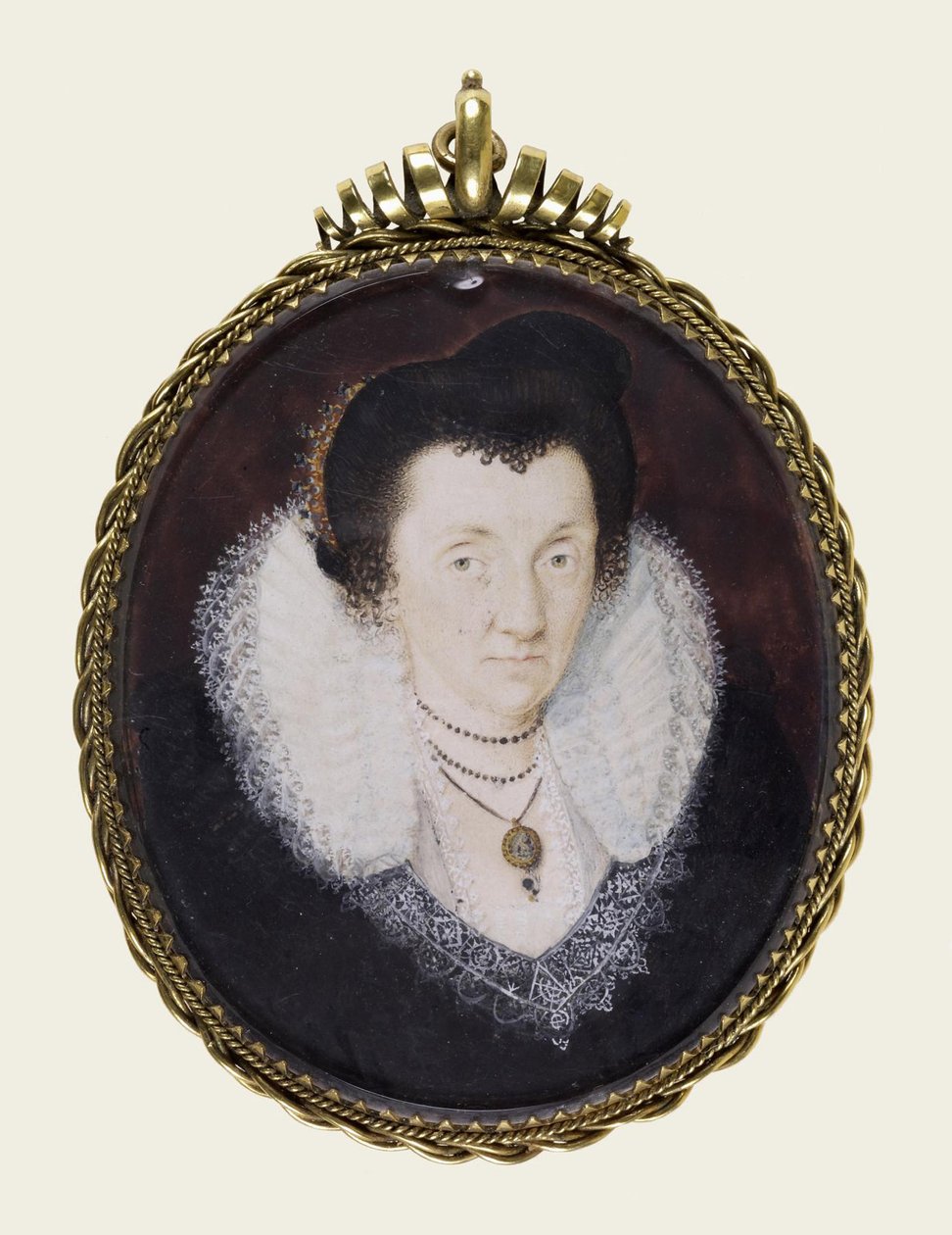 Lady Anne Bacon, ca. 1600 (ugjennomsiktig akvarell og forgylling på vellum) av Isaac Oliver