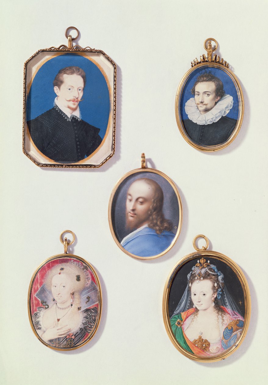 Miniatyrer. fra LtoR, TtoB: Sir Arundel Talbot; Ukjent mann; Kristi hode; Anne av Danmark (1574-1619); Dame i maskekostyme av Isaac Oliver