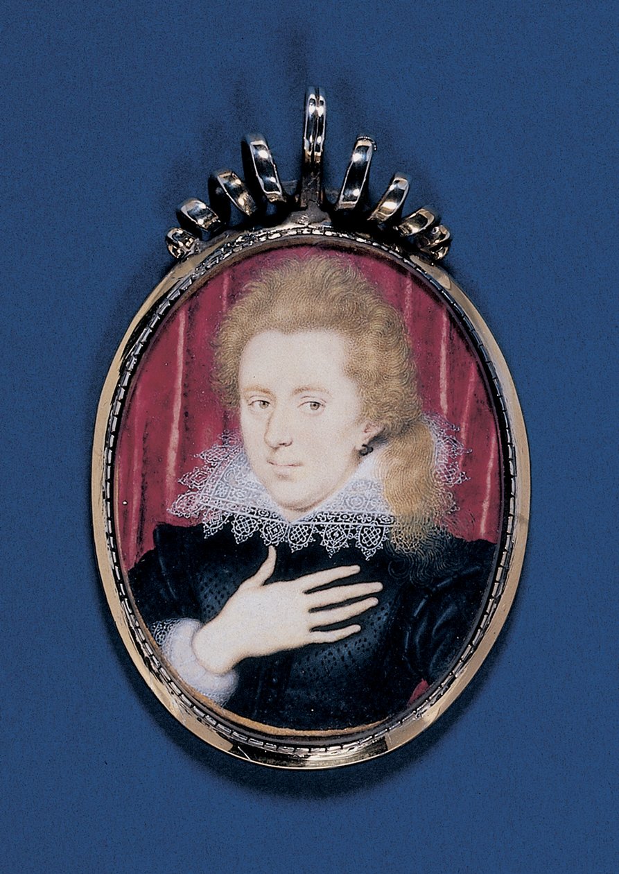 Portrettminiatyr av en ung herre, ca. 1615 (akvarell på vellum lagt ned på kort med sølvforgylt ramme) av Isaac Oliver