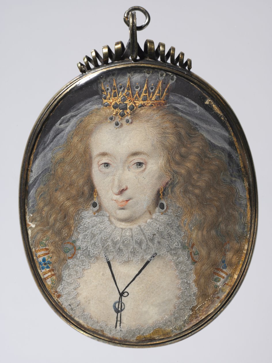 Portrett av Lucy Russell, grevinne av Bedford, ca. 1608-16 (akvarell på vellum med gull og sølv i en forgylt sølvramme) av Isaac Oliver