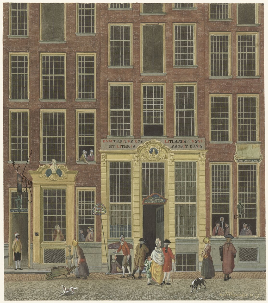 Bokhandelen og lotterikontoret til Jan de Groot i Kalverstraat i Amsterdam av Isaac Ouwater