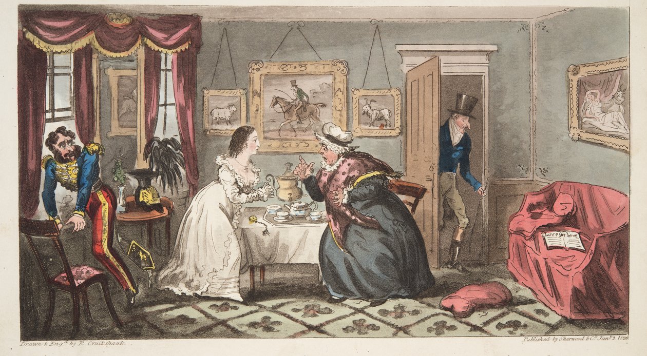 A Bath Beau and Frail Belle eller Mr B. and Miss L., fra The English Spy, pub. 1824 (håndfarget gravering) av Isaac Robert Cruikshank