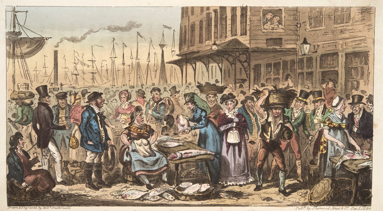 A Frolic in High Life, eller et besøk til Billingsgate, fra The English Spy, pub. 1824 (håndfarget gravering) av Isaac Robert Cruikshank