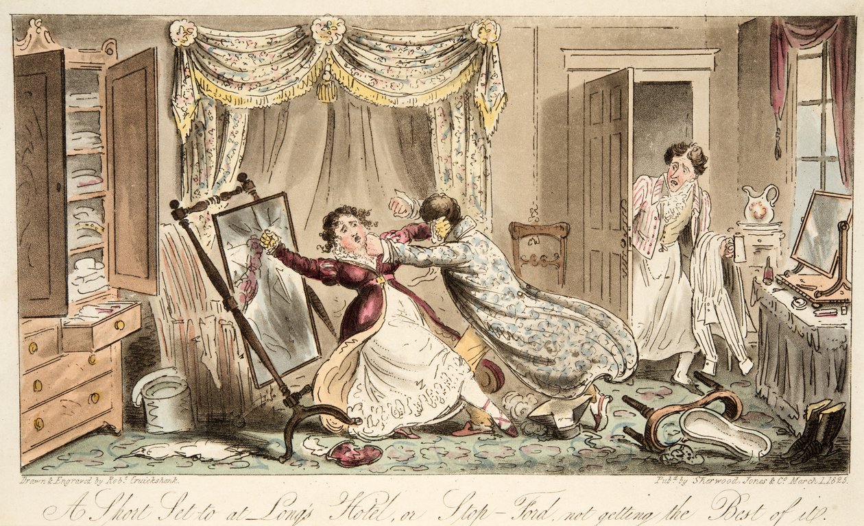 A Short Set til på Longs Hotel eller Stop-Ford får ikke det beste ut av det, fra The English Spy, pub. 1824 (håndfarget gravering) av Isaac Robert Cruikshank