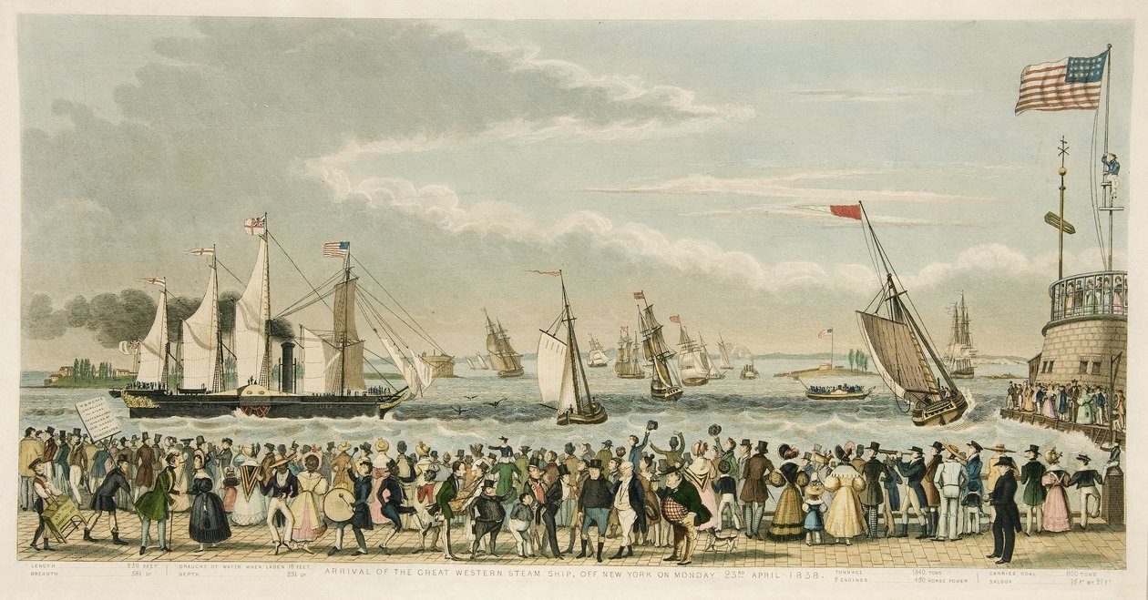 Ankomst av Great Western Steam Ship, utenfor New York mandag 23. april 1838, pub. 1842 (håndfarget gravering) av Isaac Robert Cruikshank