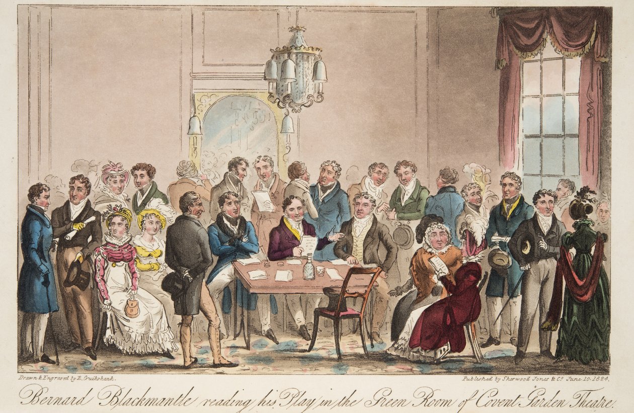 Bernard Blackmantle leser skuespillet sitt i Green Room i Covent Garden Theatre, fra The English Spy, pub. 1824 (håndfarget gravering) av Isaac Robert Cruikshank