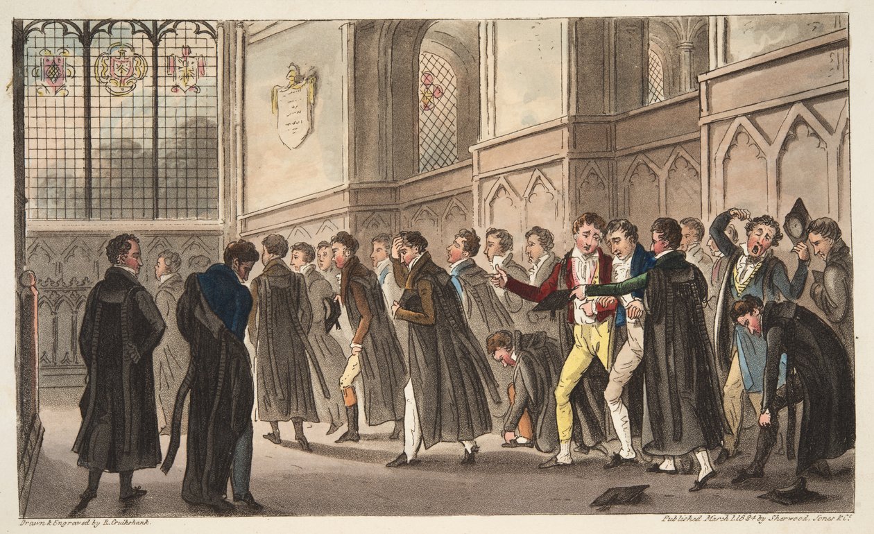Black Matins, eller effekten av sen drikking på tidlig stiger, fra The English Spy, pub. 1824 (håndfarget gravering) av Isaac Robert Cruikshank
