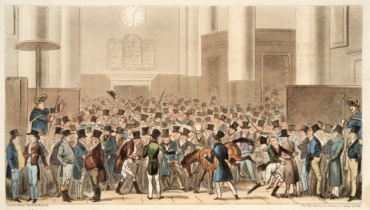 Bulls and Bears in High Bustle, eller Billy Wrights Poney ble medlem av børsen, fra The English Spy, pub. 1824 (håndfarget gravering) av Isaac Robert Cruikshank
