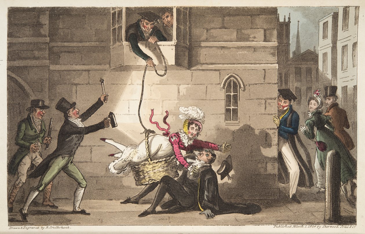 Capping a Proctor, eller Oxford Bull-hunder som oppdager frekke smuglere, fra The English Spy, publisert London, 1824 (håndfarget gravering)) av Isaac Robert Cruikshank