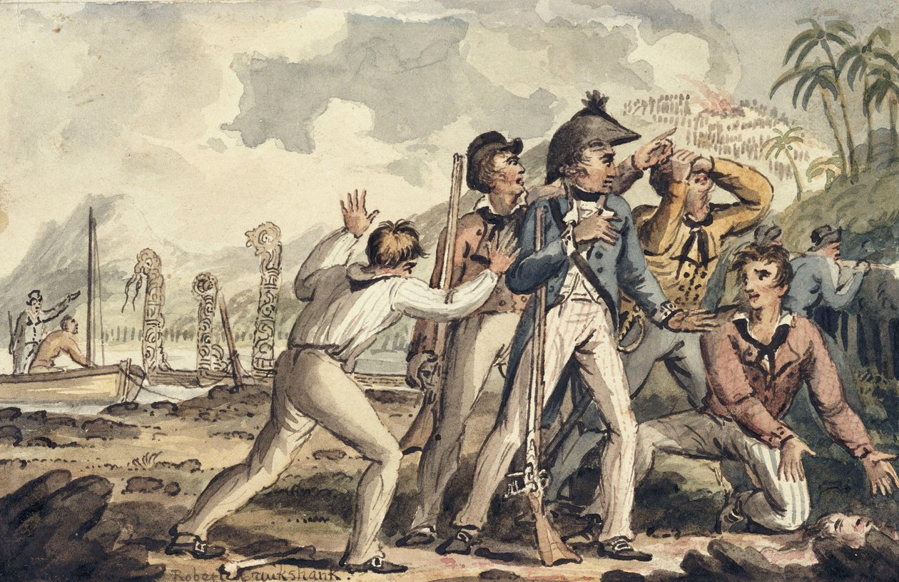 Kaptein Burney oppdager sine myrdede skipskamerater", fra Voyages of Captain Cook av Isaac Robert Cruikshank