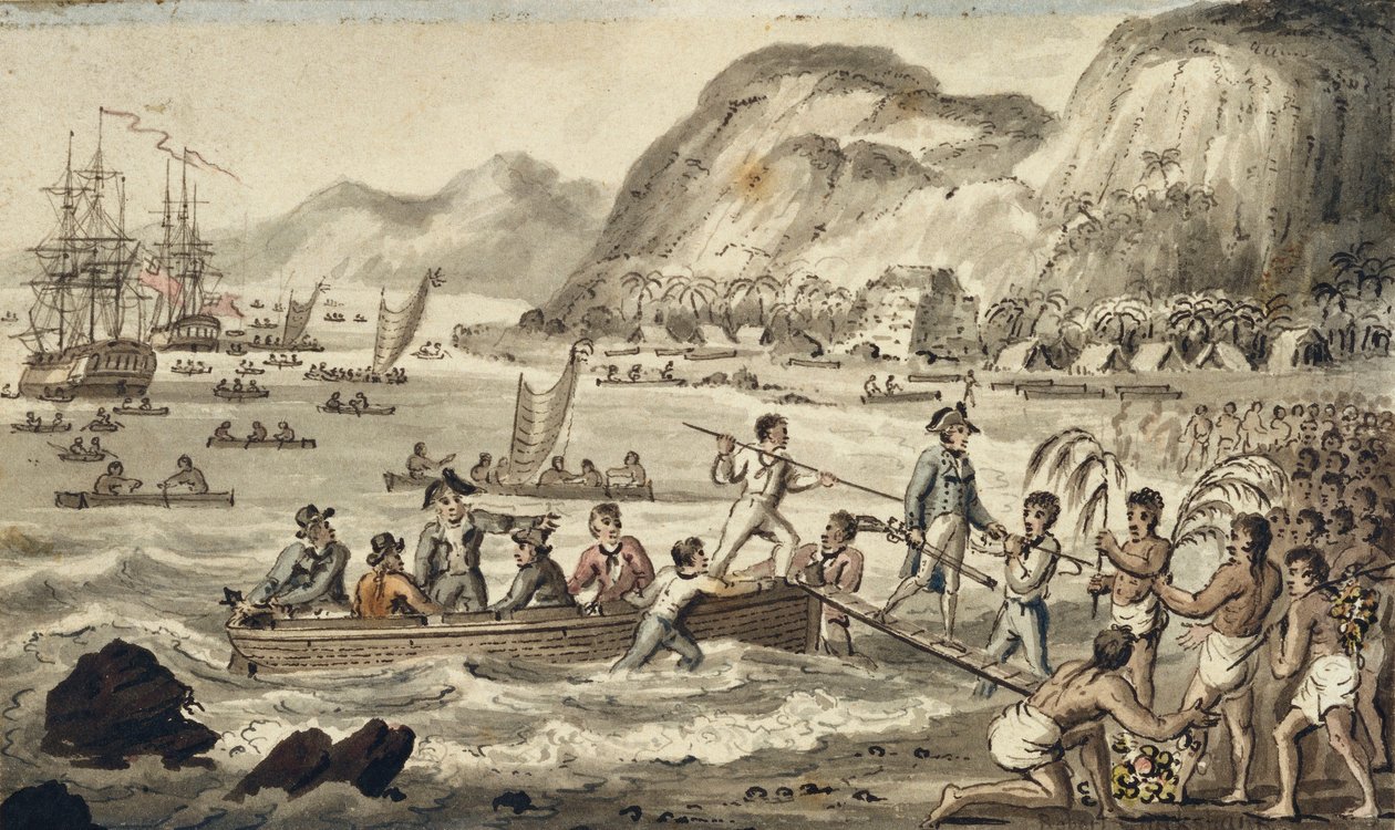 Captain Cook Landing in Owyhee, illustrasjon fra "The Voyages of Captain Cook" av Isaac Robert Cruikshank