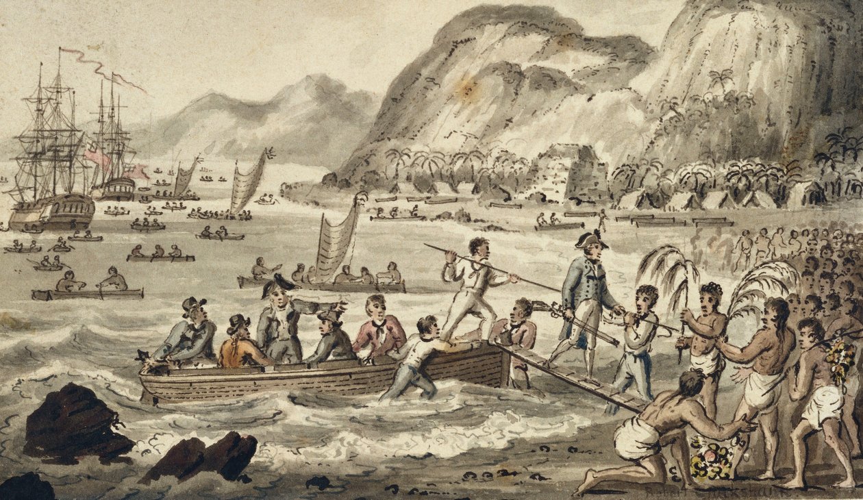 Captain Cook Landing "n Owyhee", fra Voyages of Captain Cook av Isaac Robert Cruikshank