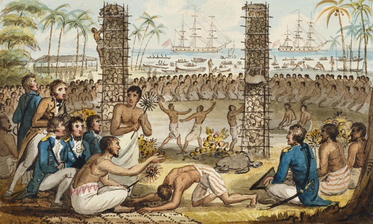 Captain Cook på øya Otaheite, illustrasjon fra "The Voyages of Captain Cook" av Isaac Robert Cruikshank