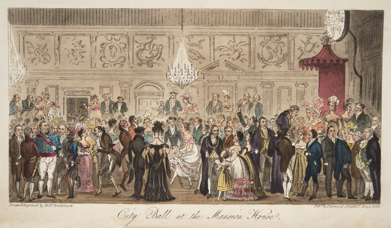 City Ball at the Mansion House, fra The English Spy, pub. 1824 (håndfarget gravering) av Isaac Robert Cruikshank