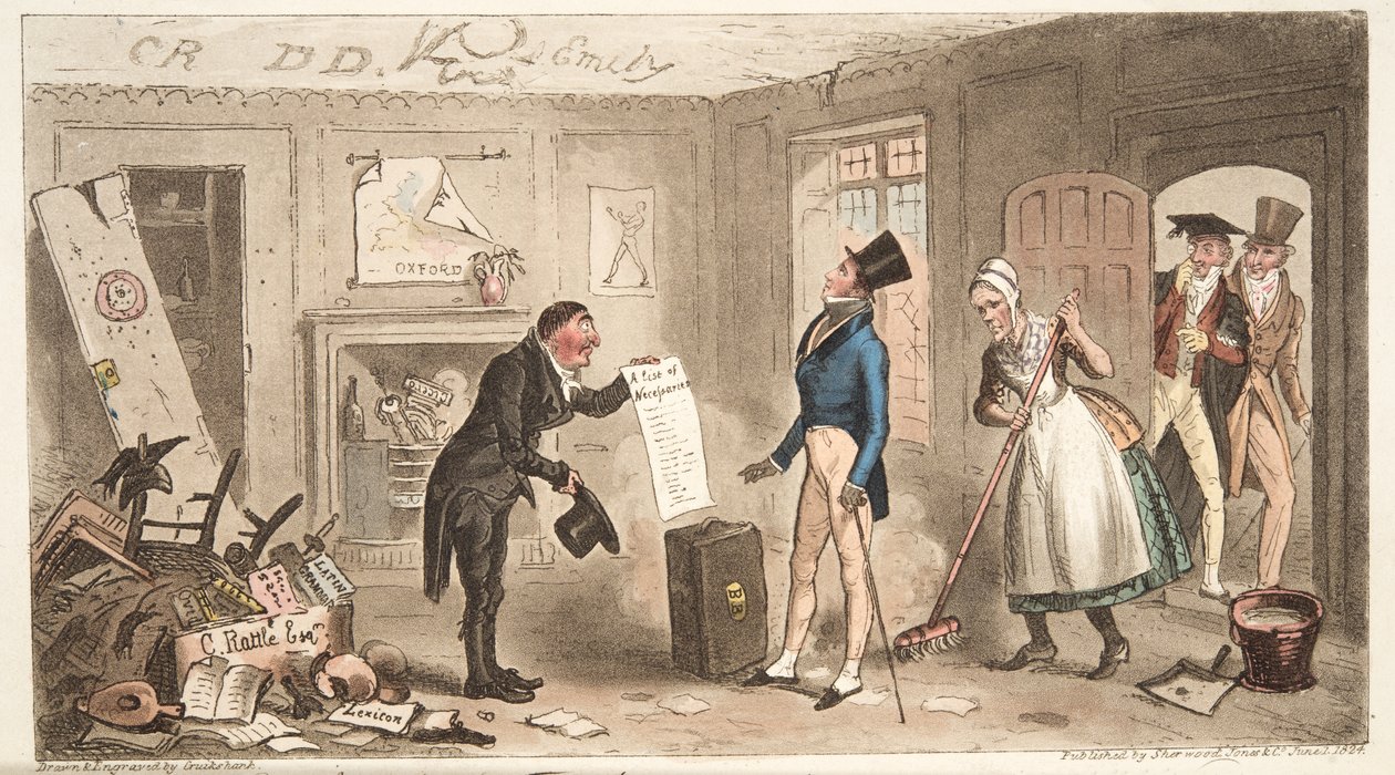 College Comforts, A Freshman tar besittelse av rommene sine, fra The English Spy, pub. 1824 (håndfarget gravering) av Isaac Robert Cruikshank