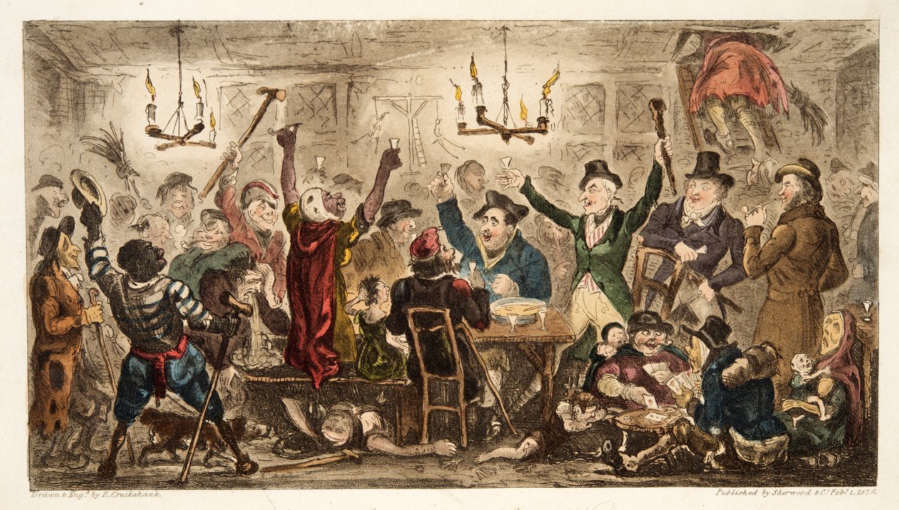 Courtiers Carousing in a Cadgers Ken, fra The English Spy, pub. 1824 (håndfarget gravering) av Isaac Robert Cruikshank