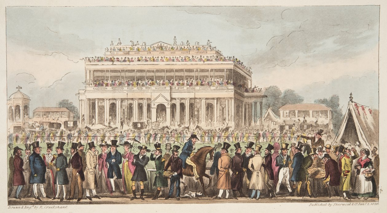 Doncaster Race Course under Great St. Leger Race, 1824, fra The English Spy, pub. 1824 (håndfarget gravering) av Isaac Robert Cruikshank