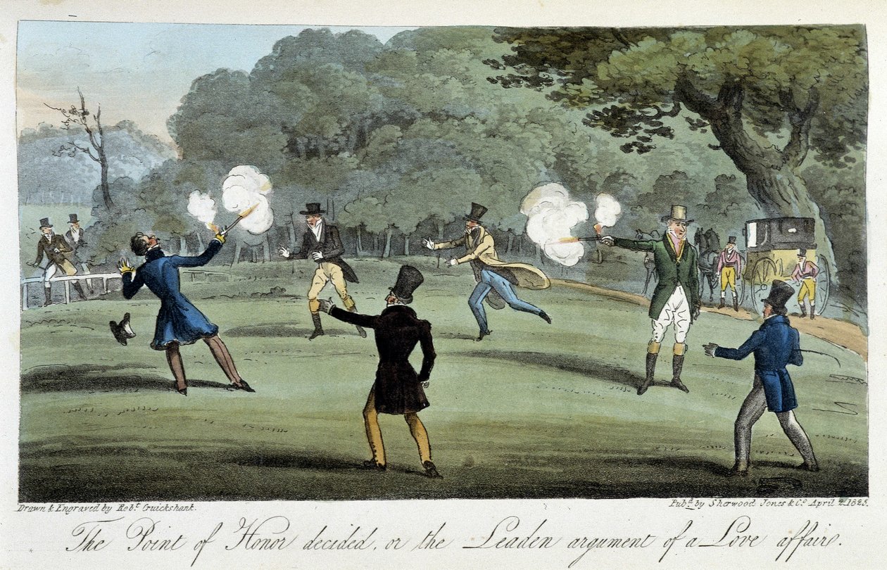 Duell med en pistol for en hjertesak - i "" The english spion"" av Charles Molloy Westmacott, ill. av Robert Cruikshank, London av Isaac Robert Cruikshank