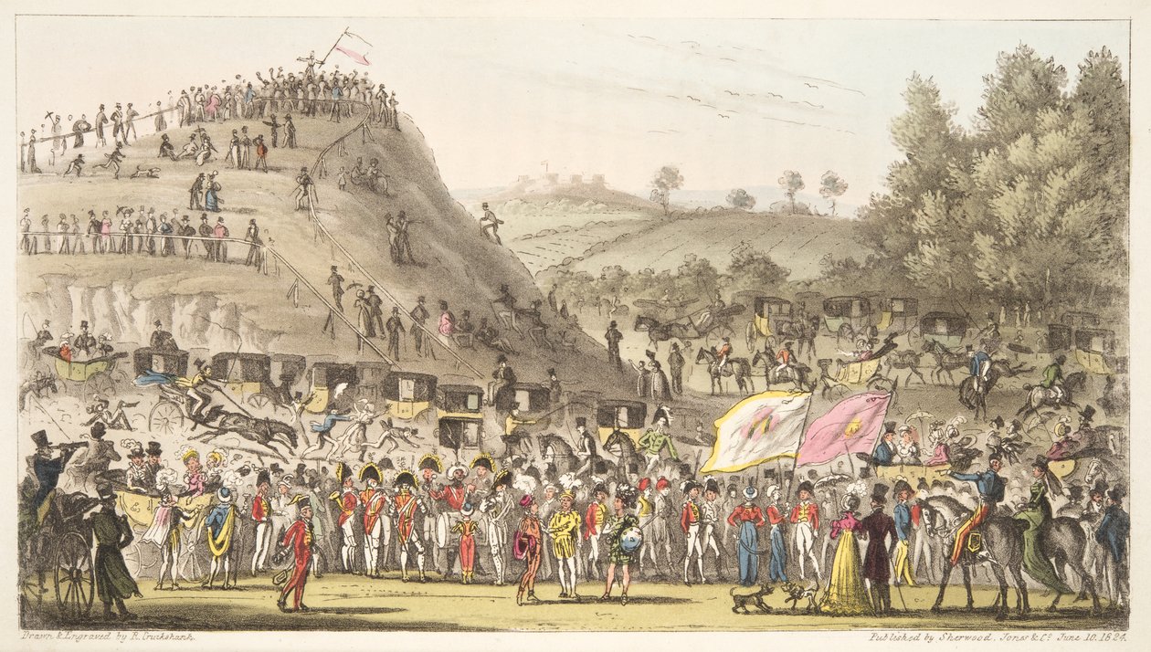 Eton Montem, and the Mount, Salt Hill, fra The English Spy, pub. 1824 (håndfarget gravering) av Isaac Robert Cruikshank