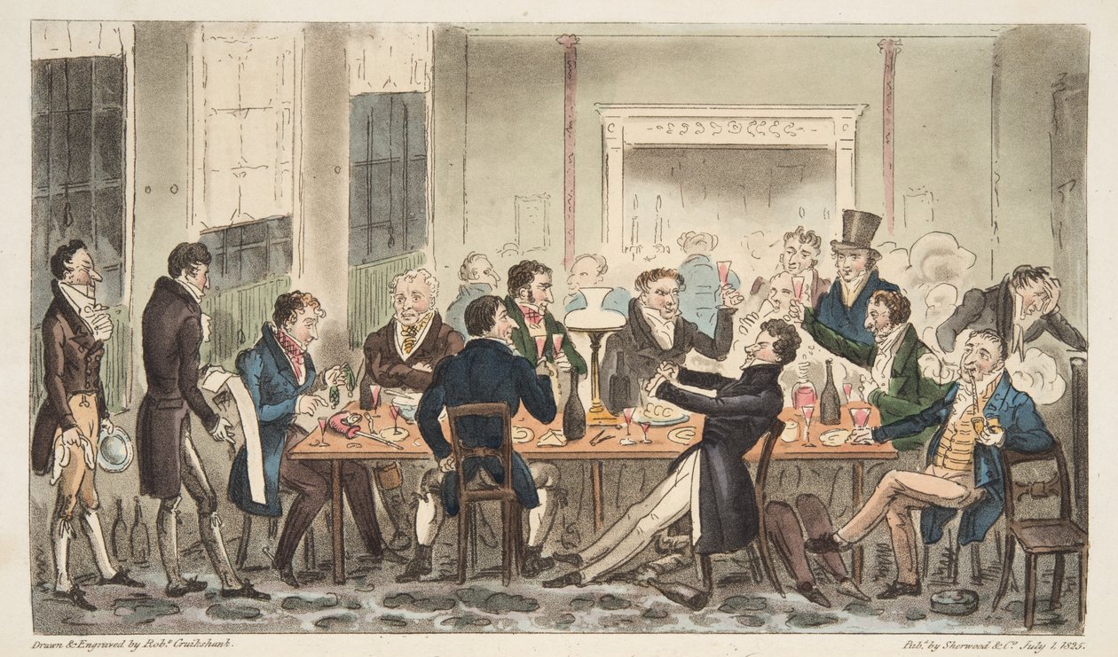 Evening and in High Spirits, en scene på Longs Hotel, Bond Street, fra The English Spy, pub. 1824 (håndfarget gravering) av Isaac Robert Cruikshank