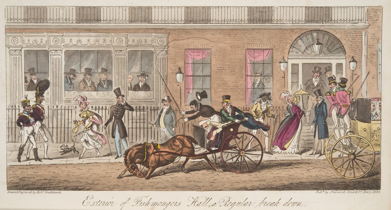 Eksteriør av Fishmongers Hall, St James Street, med utsikt over et vanlig sammenbrudd, fra The English Spy, pub. 1824 (håndfarget gravering) av Isaac Robert Cruikshank