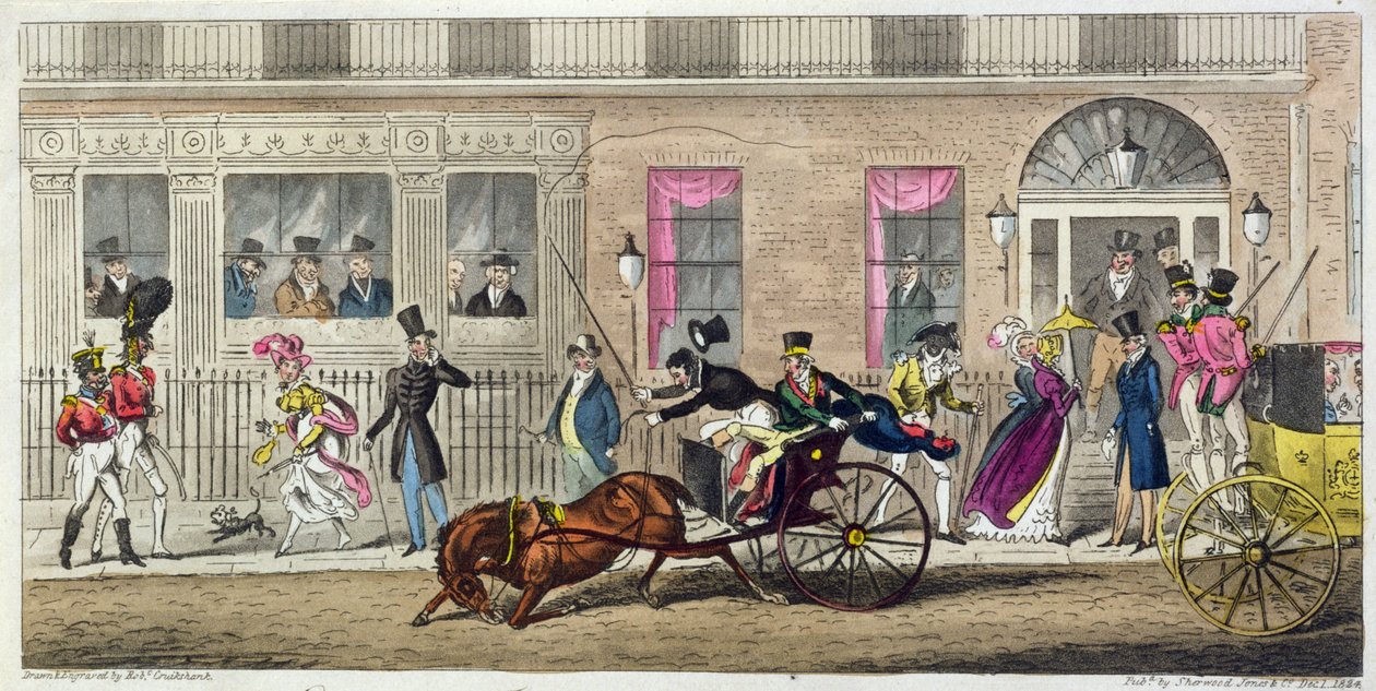 Eksteriør av Fishmongers Hall, a Regular Break Down, 1824 (akvatint) av Isaac Robert Cruikshank
