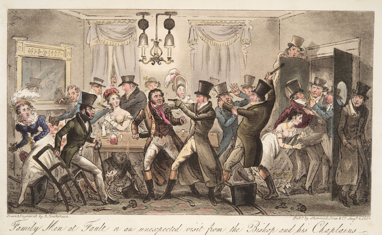 Family Men at Fault, eller et uventet besøk fra The Bishop and his Chaplains, fra The English Spy, pub. 1824 (håndfarget gravering) av Isaac Robert Cruikshank