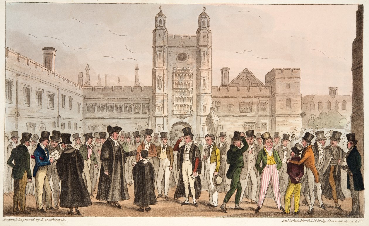 First Absence, eller Etonians Answering Morning Master Roll, fra The English Spy publisert 1824 (håndfarget gravering) av Isaac Robert Cruikshank