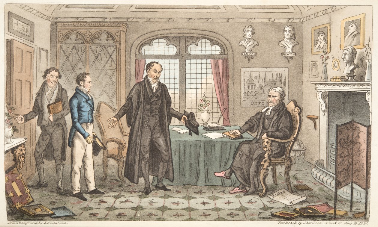First Bow to Alma Mater, eller Bernard Blackmantles introduksjon til Big Wig, fra The English Spy, publisert London, 1824 (håndfarget gravering) av Isaac Robert Cruikshank