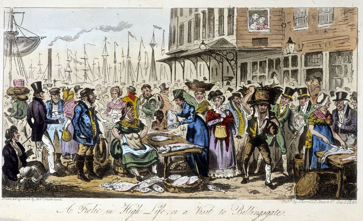 Fish Market i London - i "The English Spy" av Charles Molloy Westmacott, tegning av Robert Cruikshank, London Edition av Isaac Robert Cruikshank