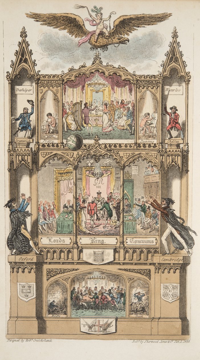 Frontispice, fra The English Spy, pub. 1824 (håndfarget gravering) av Isaac Robert Cruikshank