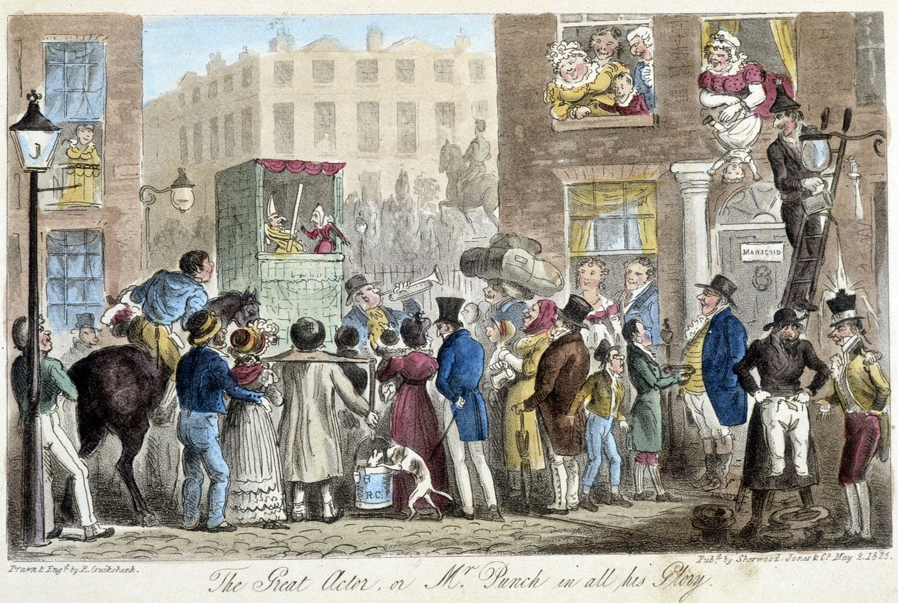 Guignol i Londons gater - i "" Den engelske spionen"" av C. Molloy Westmacott, ill. av Robert Gruikshand, Sherwood, London av Isaac Robert Cruikshank