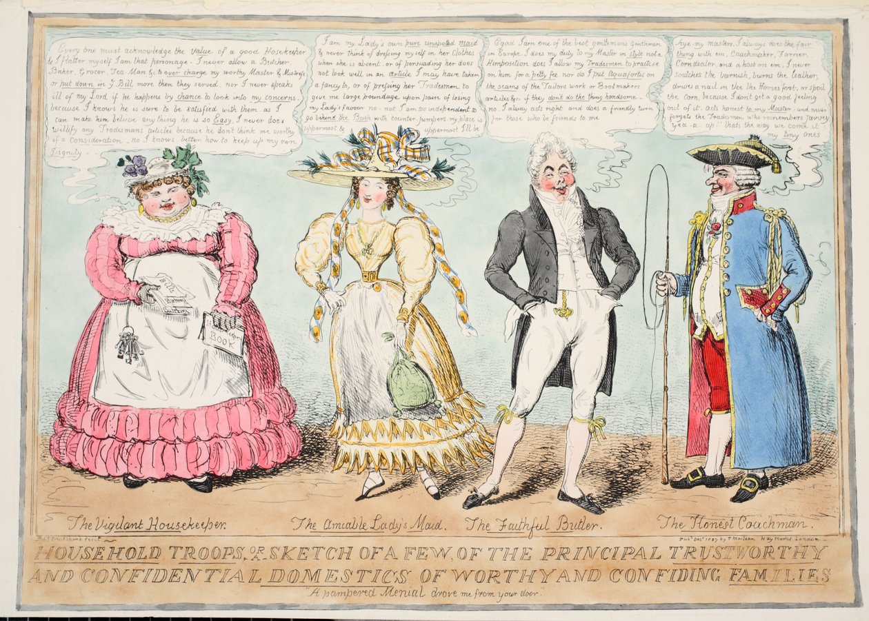 Husholdningstropper, eller en skisse av noen få av de viktigste pålitelige og konfidensielle husstandene til verdige og tillitsfulle familier, 1827 (håndfarget gravering) av Isaac Robert Cruikshank
