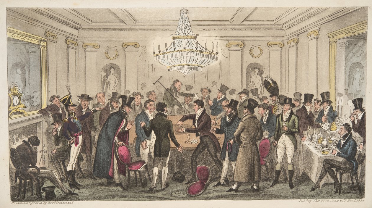 Interiør i et moderne helvete - video. The Cogged Dice, fra The English Spy, pub. 1824 (håndfarget gravering) av Isaac Robert Cruikshank