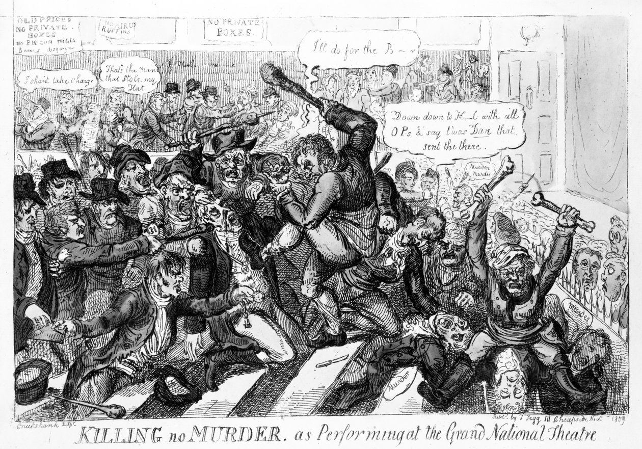 Killing no Murder, som opptreden på Grand National Theatre, 1809 av Isaac Robert Cruikshank
