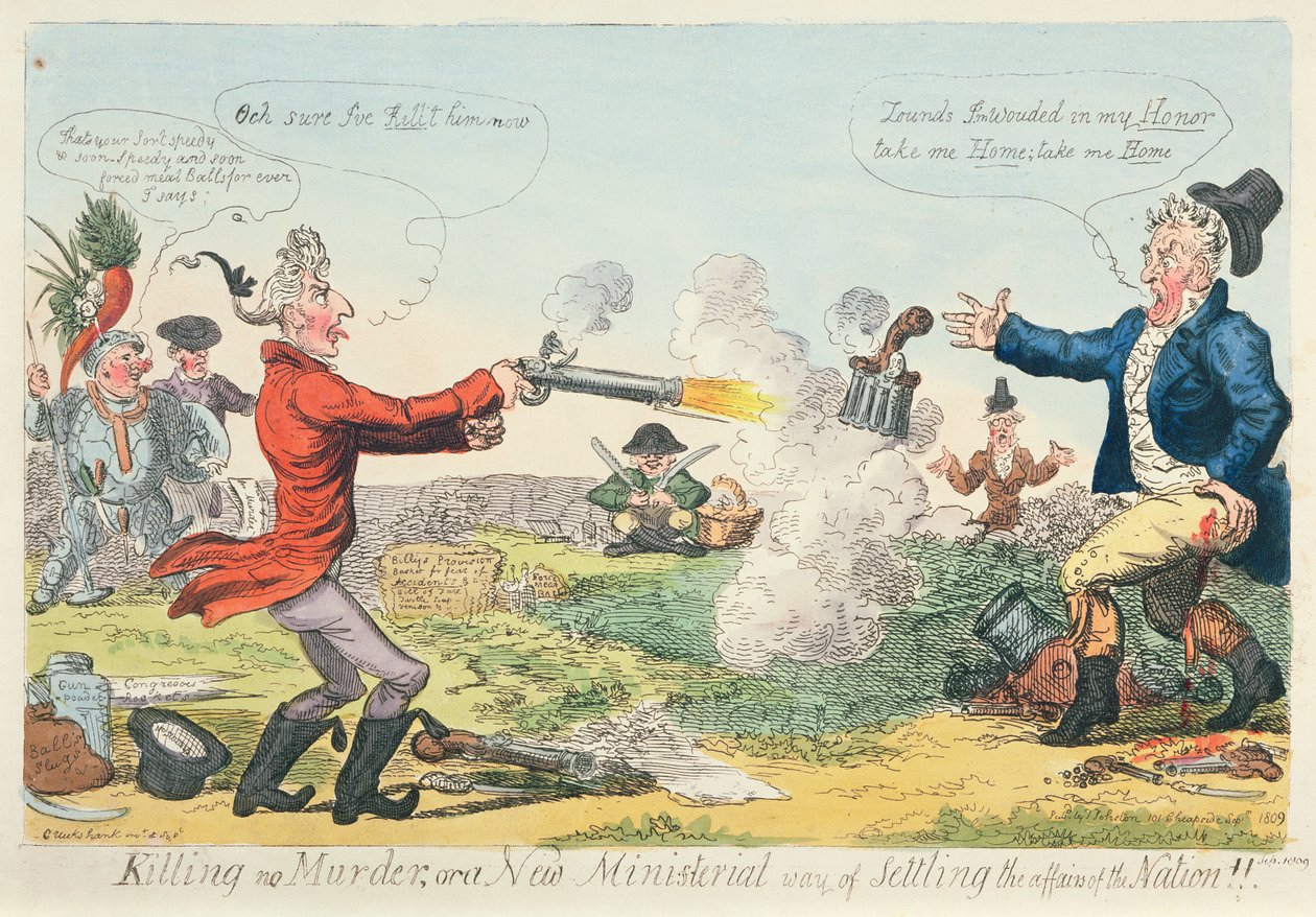 Killing no Murder, eller en ny ministeriell måte å avgjøre nasjonens saker på!, 1809 (fargetsning) av Isaac Robert Cruikshank