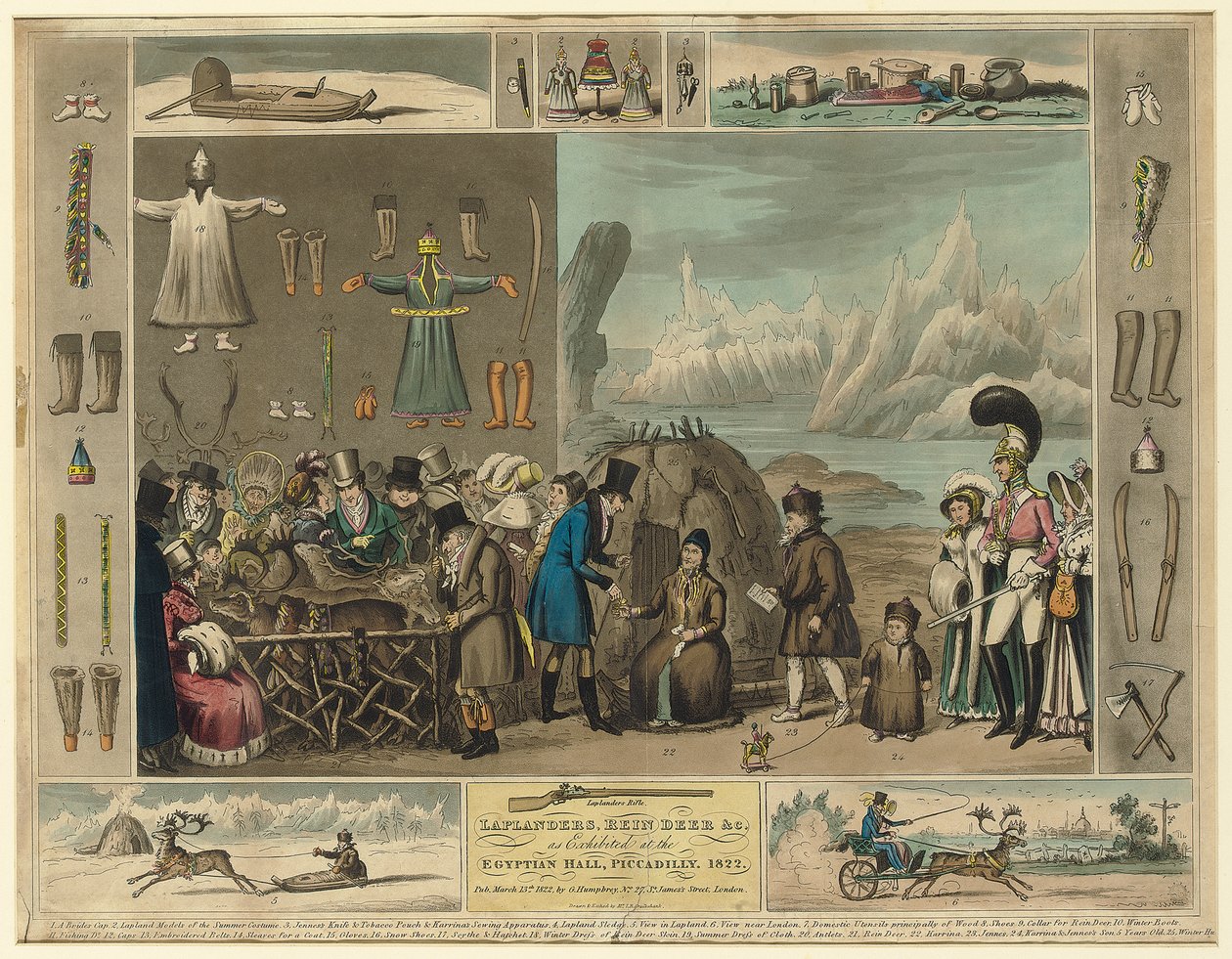 Laplanders, reinsdyr etc., som utstilt i Egyptian Hall, Piccadilly, 1822 av Isaac Robert Cruikshank