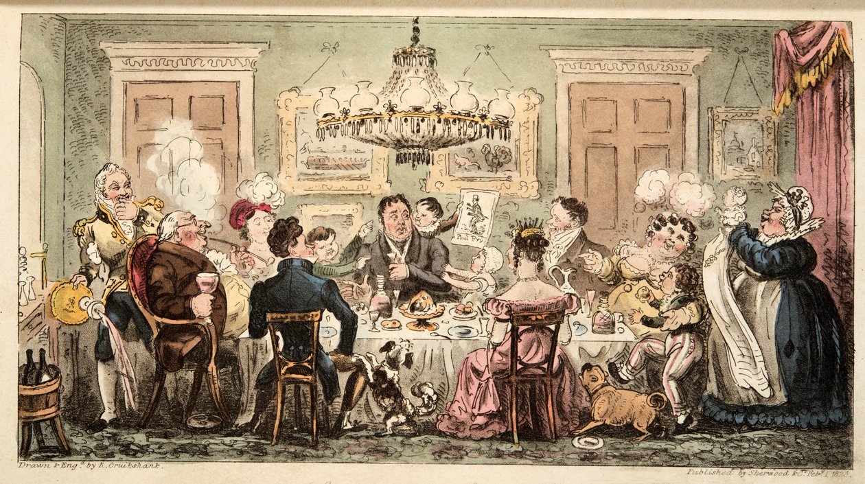Liston and the Lambkins eller Citizens Dinner Party, fra The English Spy, pub. 1824 (håndfarget gravering) av Isaac Robert Cruikshank