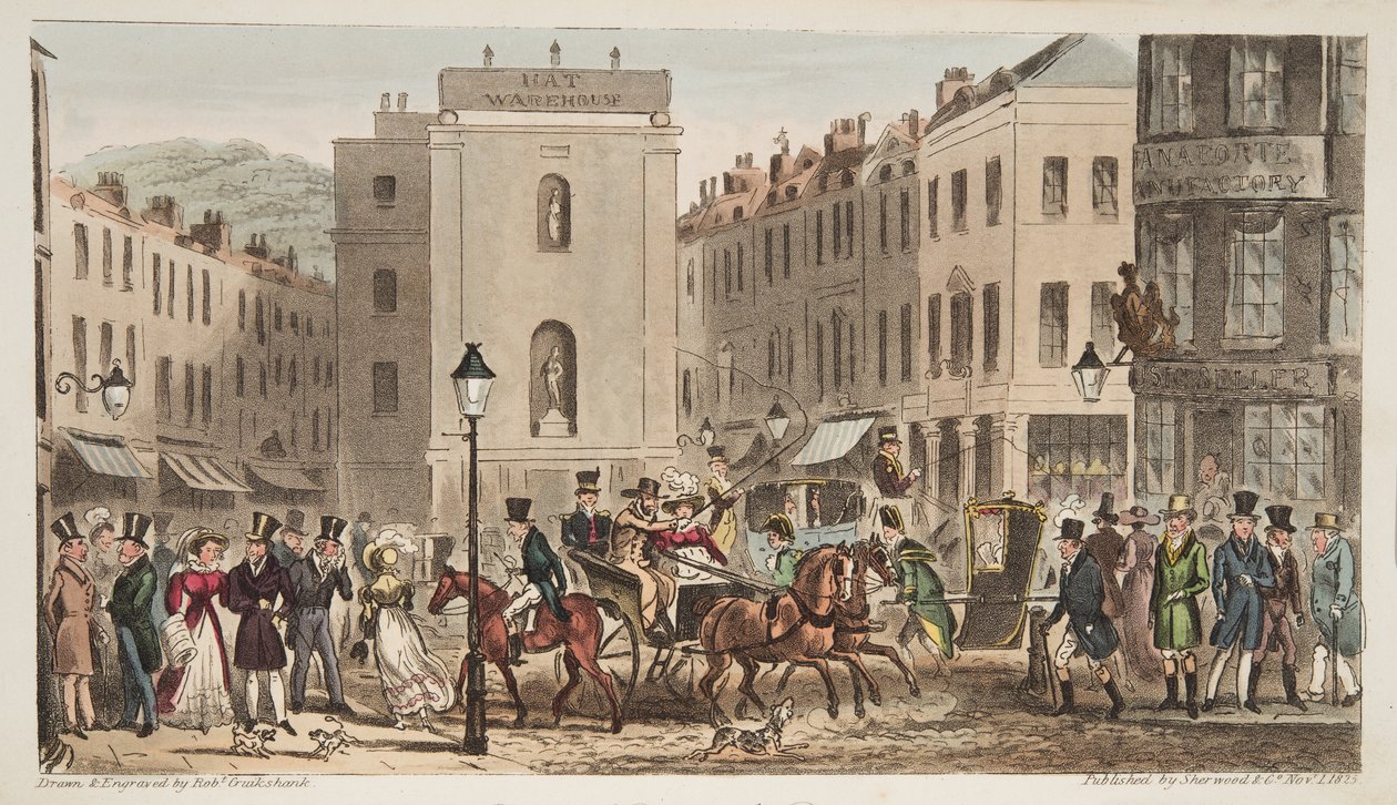 Milsom Street & Bond Street med Portraits of Bath Swells, fra The English Spy, utgitt London, 1824 (håndfarget gravering) av Isaac Robert Cruikshank