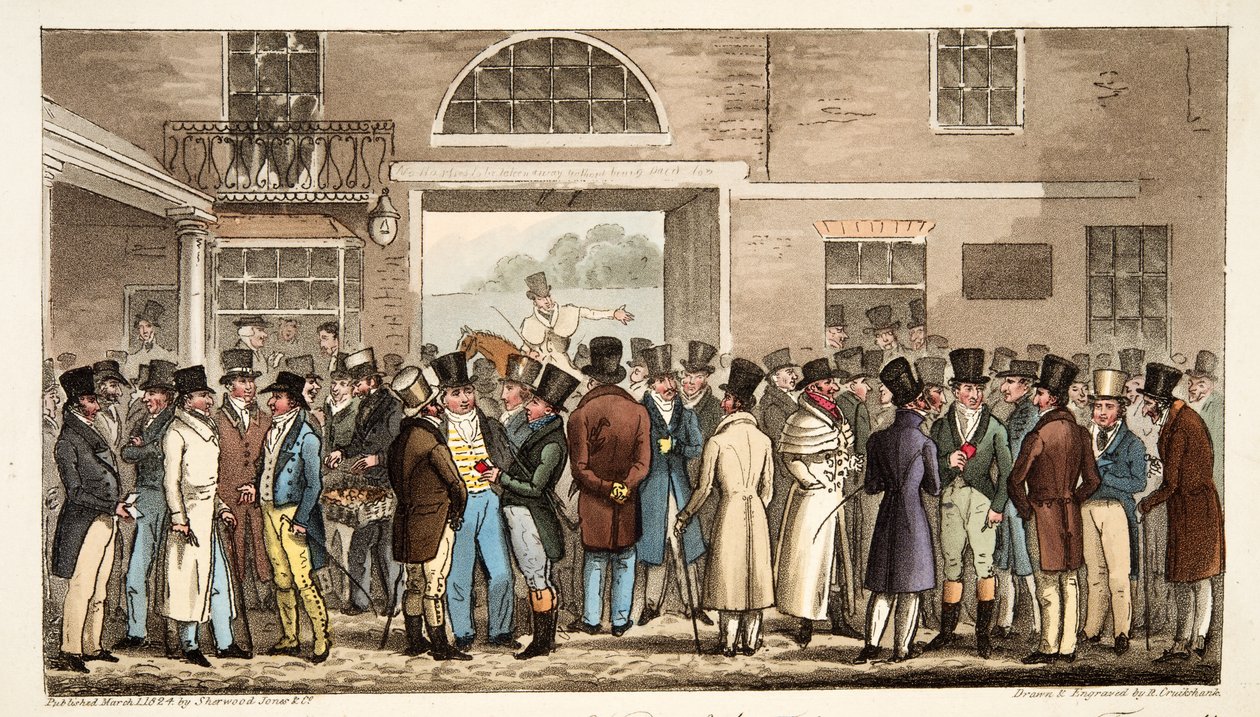 Mandag etter Great St Leger, eller Heroes of the Turf Paying and Receiving at Tattersalls, fra The English Spy, pub. 1824 (håndfarget gravering) av Isaac Robert Cruikshank