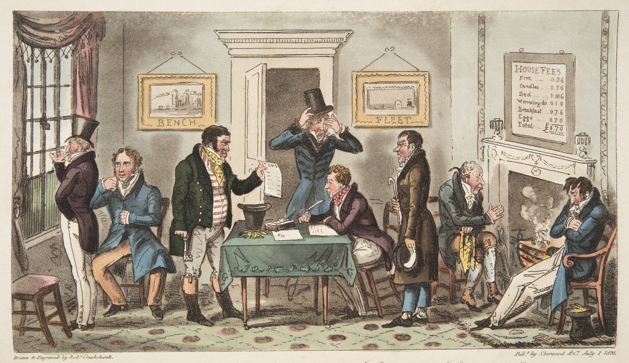 Morning and in Low Spirits, a Lock Up scene in a Sponging House, Cary Street, a bit of Good Truth, fra The English Spy, publisert London, 1824 av Isaac Robert Cruikshank