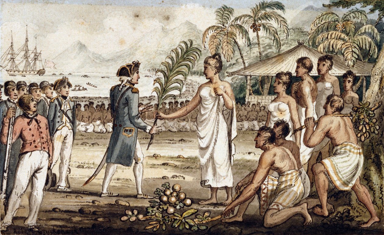 Oatehite, illustrasjon fra "The Voyages of Captain Cook" av Isaac Robert Cruikshank