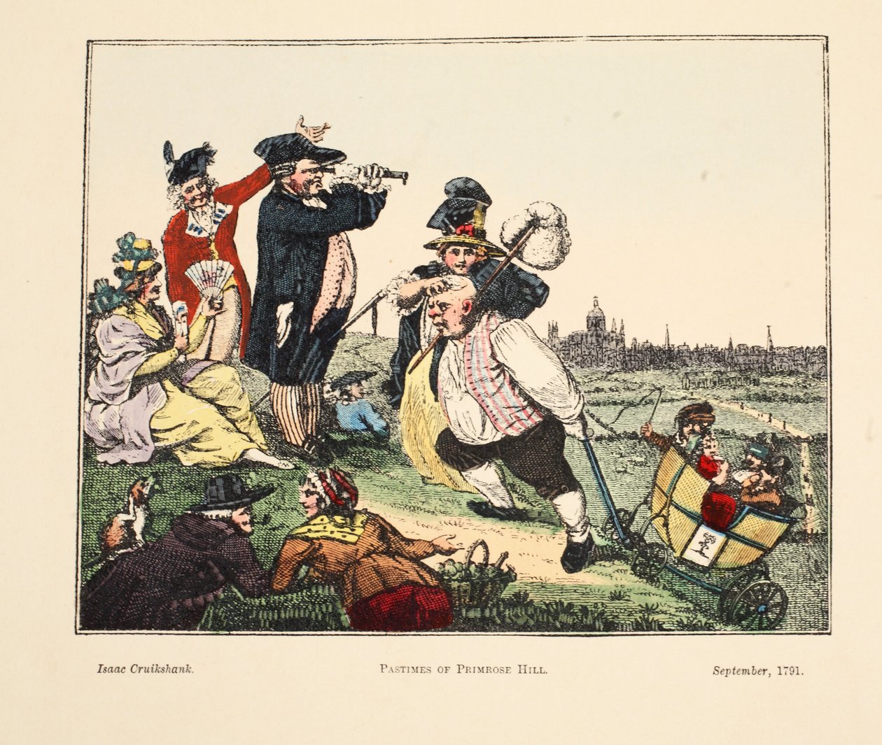 Pastimes of Primrose Hill, 1791 (håndfarget gravering) av Isaac Robert Cruikshank