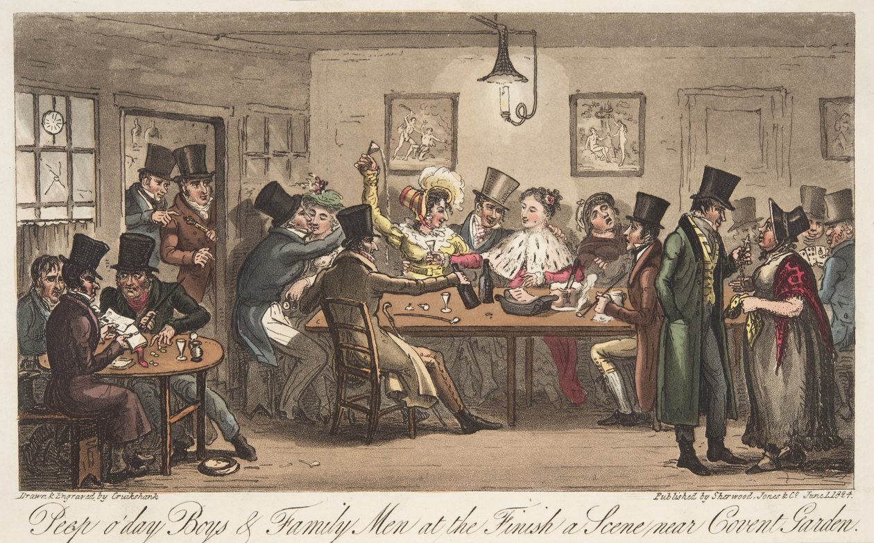 Peep ODays og Famiiy Men at the Finish, fra The English Spy, pub. 1824 (håndfarget gravering) av Isaac Robert Cruikshank