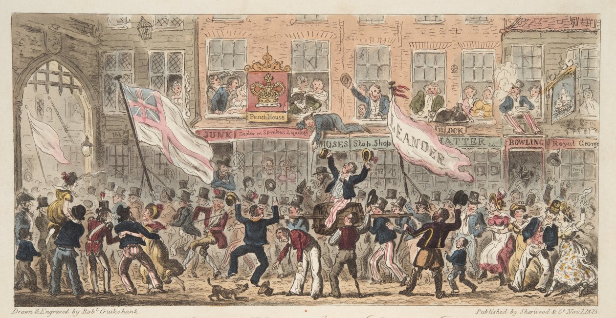 Point Street, Portsmouth, fra The English Spy, pub. 1824 (håndfarget gravering) av Isaac Robert Cruikshank