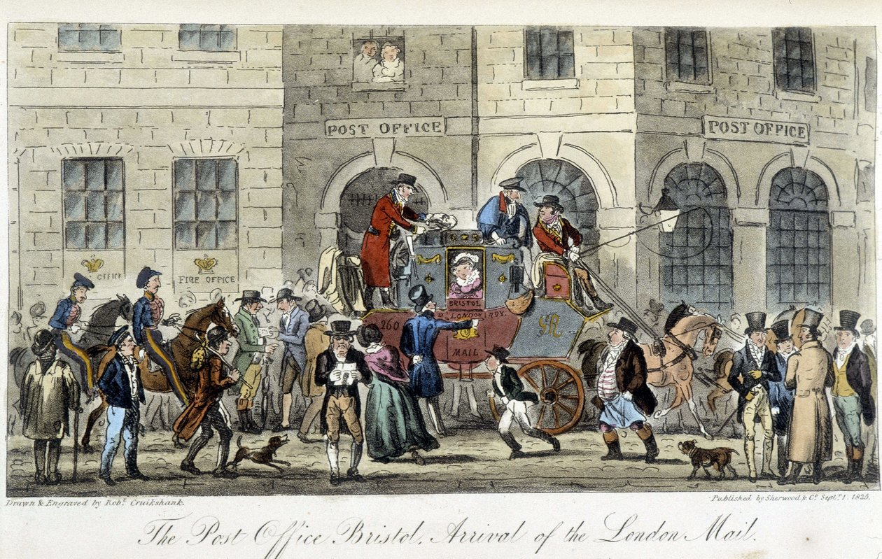 Post i London: The Post Office Bristol, Arrival of the London Mail - i "" The English Spy"" av Charles Molloy Westmacott, tegning av Robert Cruikshank, London-utgaven av Isaac Robert Cruikshank